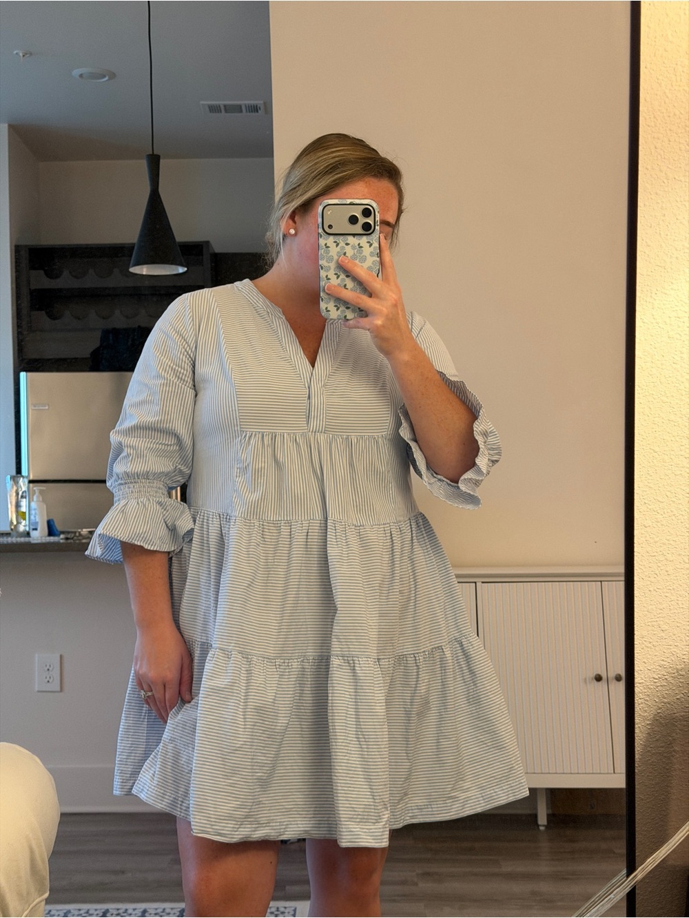 crown & ivy Light Blue and White Striped Tiered Mini Dress